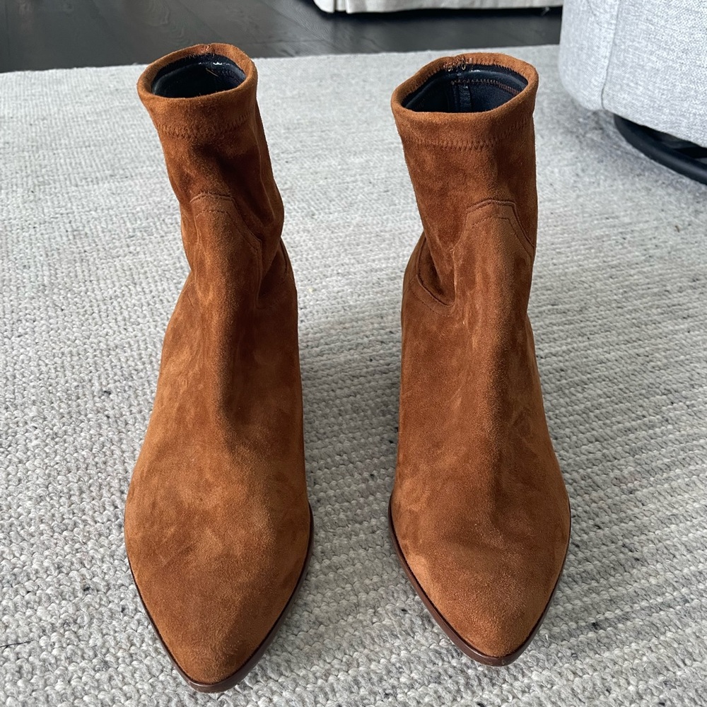 Tamara Mellon Go West Suede Stretch Ankle Booties Chestnut Brown Size 41/10.5